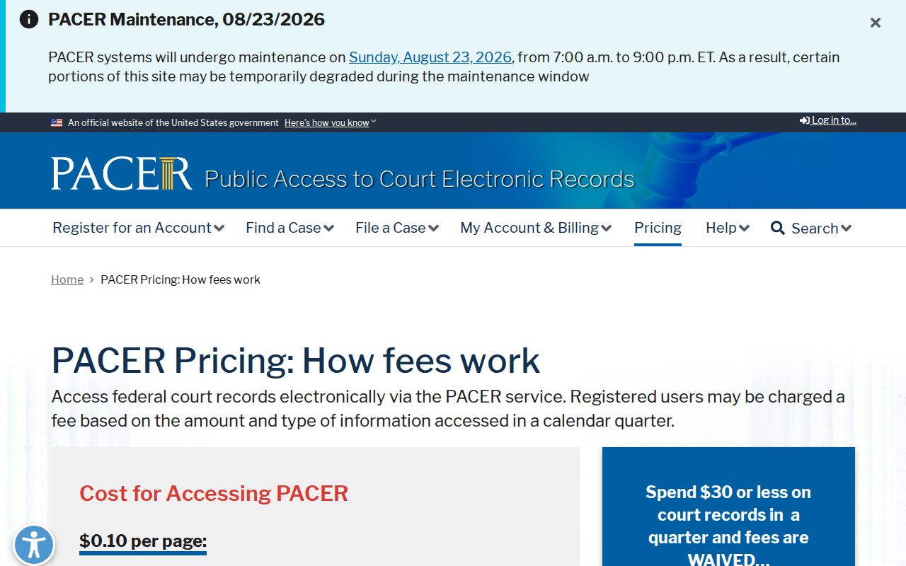 Cannelton court records PACER pricing information