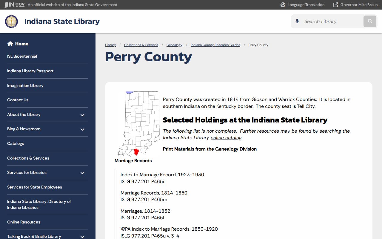 Indiana State Library Perry County historical records guide