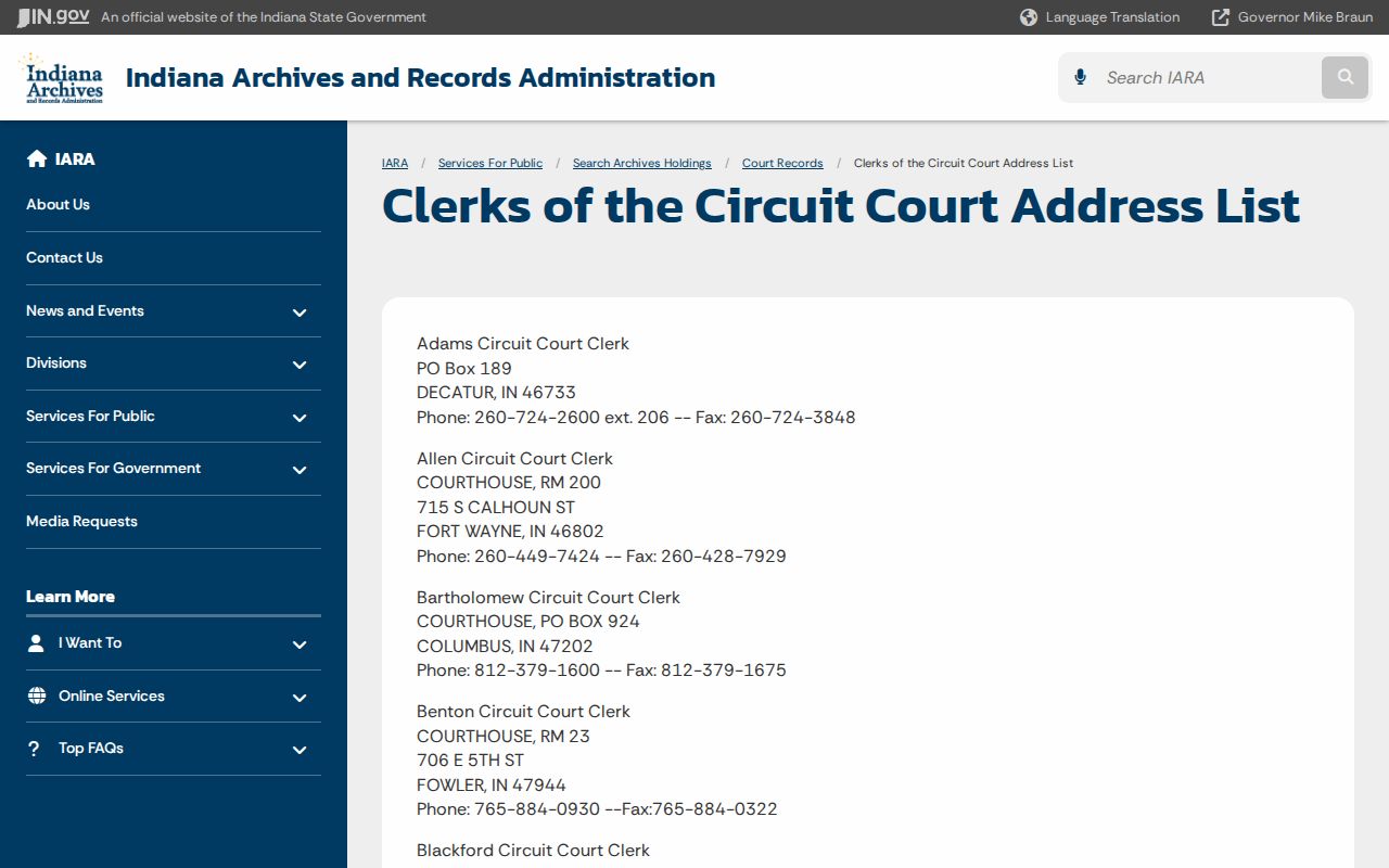Indiana Archives circuit court clerk directory