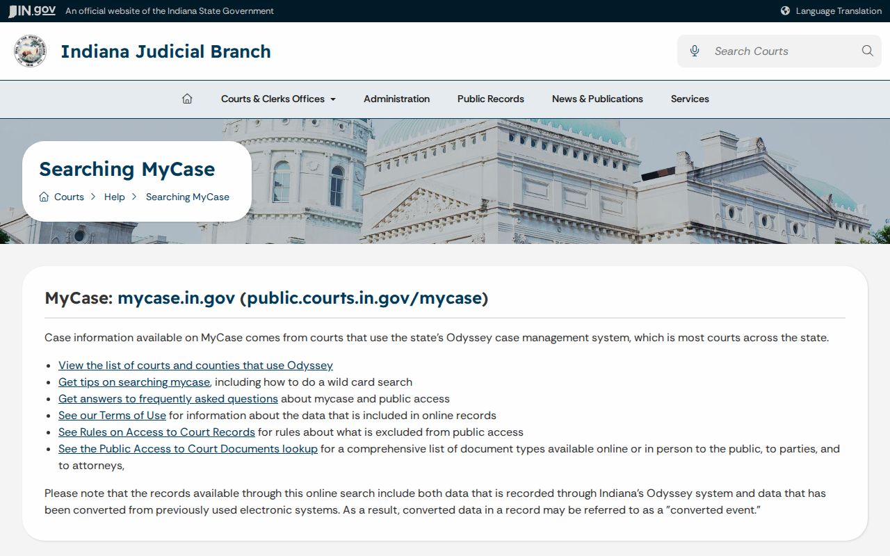 Indiana MyCase public search limits