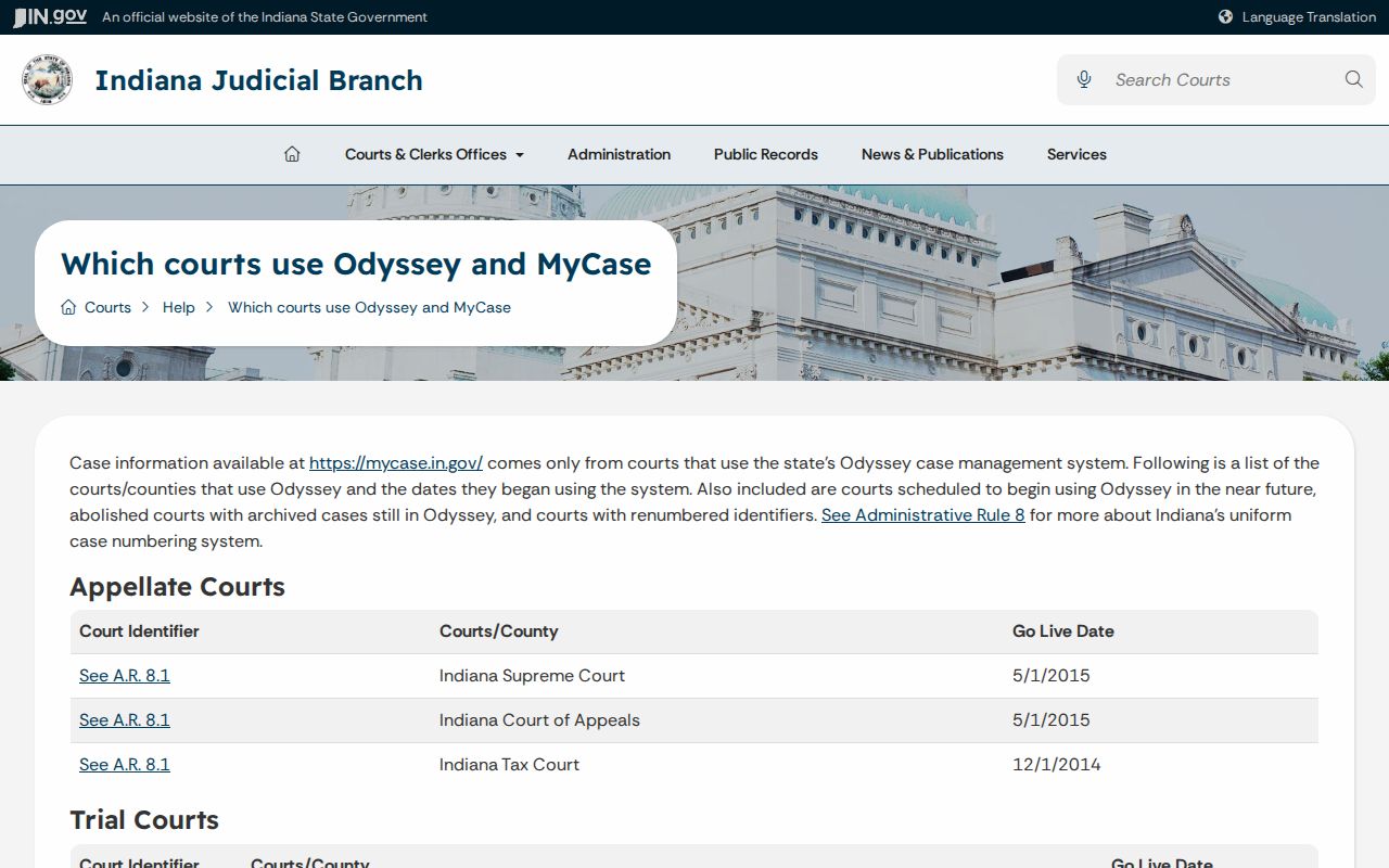 Indiana Odyssey court list for Perry County docket access
