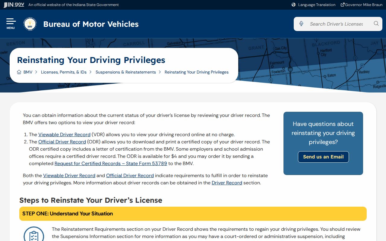 Indiana BMV driving privilege reinstatement instructions